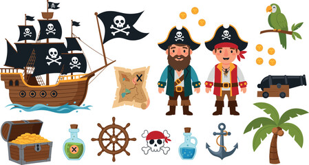 Fun pirate adventure vector set with sailing ship treasure chest map pirates parrot anchor and nautical fantasy elements © Minara