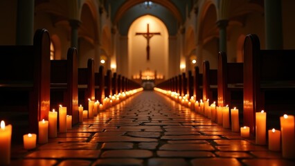 Obraz premium Church pathway lined with candles leading to illuminated entrance, Easter vigil, spiritual procession, sacred lights, religious ceremony, festive tradition, holy night, divine guidance, worship