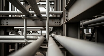 Close-up of industrial metal pipes and beams steel