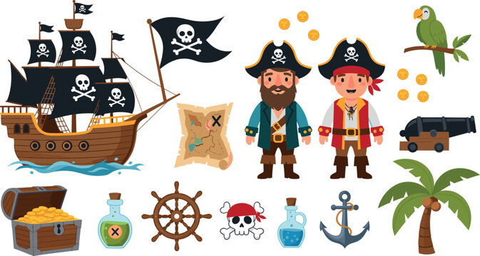 Fun pirate adventure vector set with sailing ship treasure chest map pirates parrot anchor and nautical fantasy elements