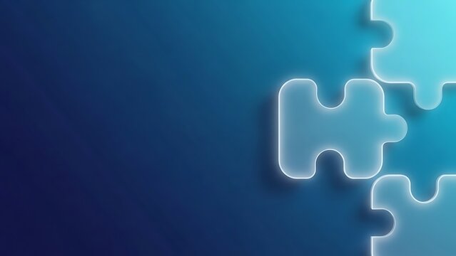 Interlocking puzzle pieces on a gradient blue background viewed from a straightforward angle, symbolizing connection and unity with a sense of accomplishment and problem-solving.