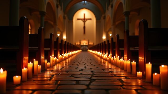 Church pathway lined with candles leading to illuminated entrance, Easter vigil, spiritual procession, sacred lights, religious ceremony, festive tradition, holy night, divine guidance, worship
