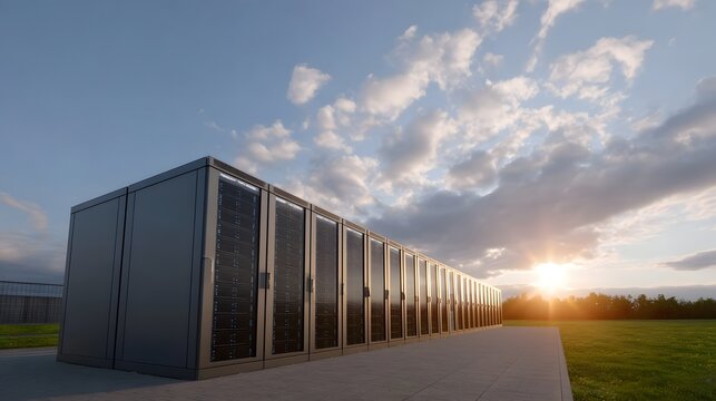 A long row of modern server racks stands outdoors in a grassy field during a vibrant sunset symbolizing technological progress and data