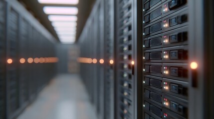 Rows of modern server racks with blinking LEDs illuminate a deep data center corridor