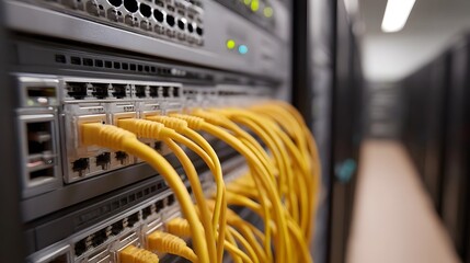Close up of yellow network cables connected to a server rack in a data center