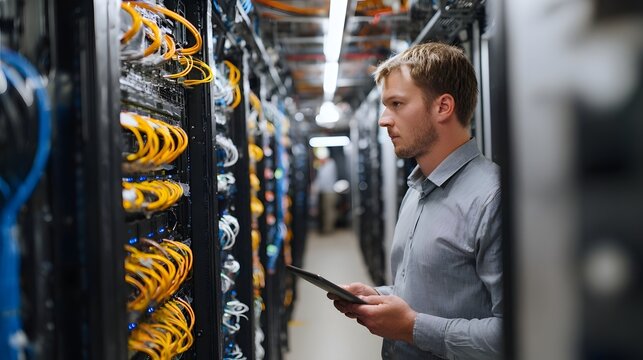 Technician examines data center server racks with a tablet surrounded by organized cables and modern IT equipment - Powered by Adobe