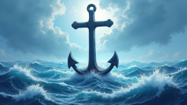 Heavy anchor cross plunging through raging stormy waves, faith steadfastness triumph, dynamic crashing foam