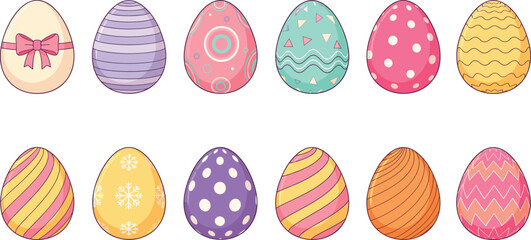 Set of colorful decorative Easter egg vectors with various patterns including polka dots stripes snowflakes and geometric designs.