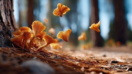 Magic Mushrooms Levitating in a Sunlit Forest