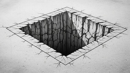 3D Drawing of a Cracked Square Hole in Ground, Optical Illusion Art, Deep Abyss
