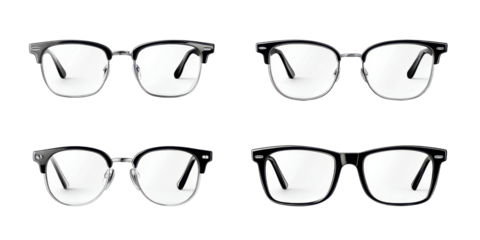 Assorted Silver and Black Rimmed Eyeglasses Selection on Transparent Background