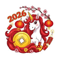 Colorful Cartoon Unicorn Celebrating Lunar New Year with Red Lanterns and Fireworks for 2026
