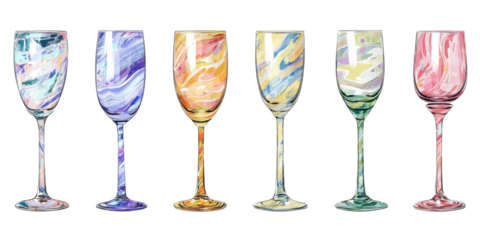 Set of six champagne glasses with various colorful textures