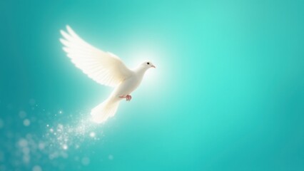 Fototapeta premium Luminous white dove soaring upward with motion blur wings, trailing sparkling light particles against turquoise sky, Holy Spirit faith symbol