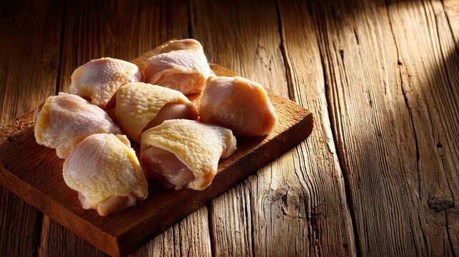 Fresh Raw Chicken Thighs with Skin on Rustic Wooden Cutting Board