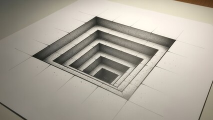 Obraz premium Optical Illusion 3D Drawing of a Deep Square Hole on White Paper