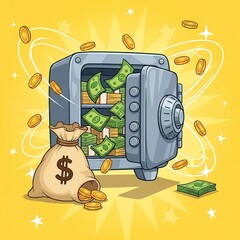 Secure Safe Open with Falling Money and Coins in Bright Yellow Background