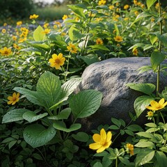 Yellow Flowers and Green Foliage Surrounding Large Rock in Natural Garden Scene