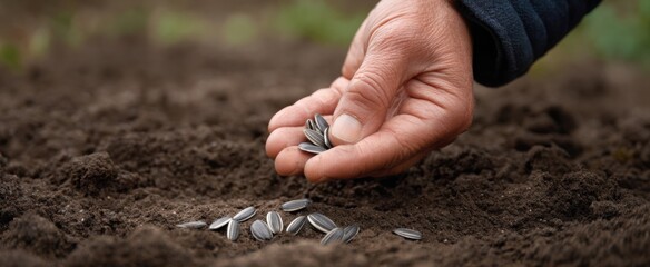 Dedicated person carefully embedding vibrant sunflower seeds into rich soil for growth