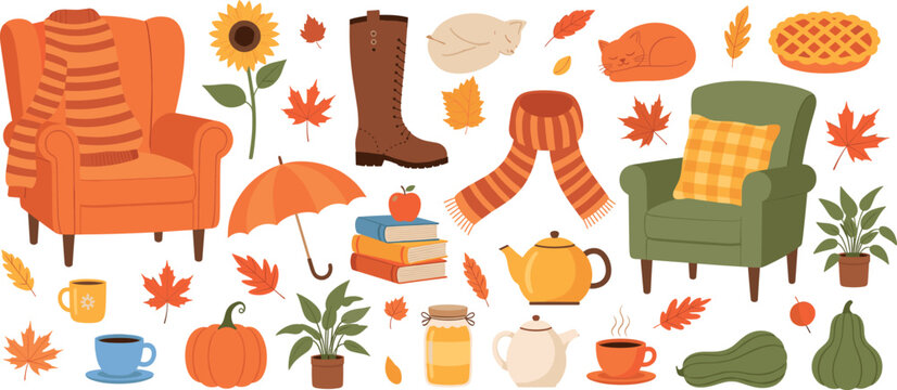 Cozy autumn hygge vector collection with fall leaves pumpkins tea armchairs warm scarves and sleeping cats lifestyle elements.