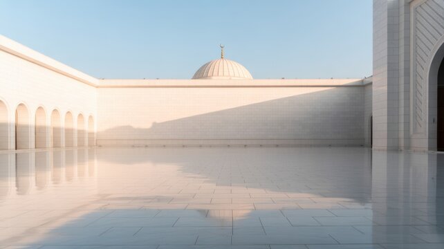 Mosque Courtyard with Arches and Dome in Soft Morning Light, Islamic Architecture