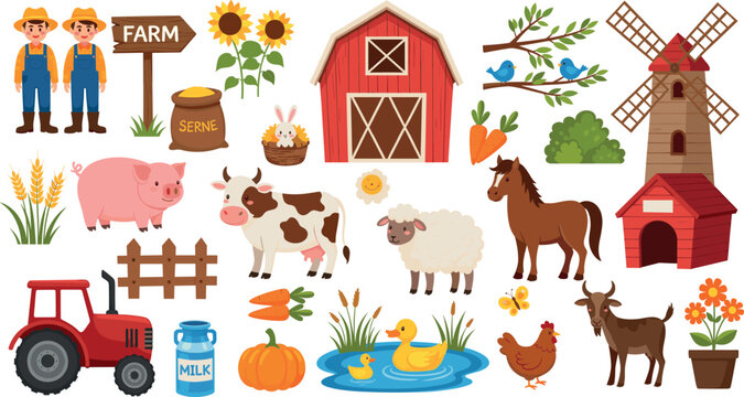 Flat farm vector collection featuring male farmers red tractor barn windmill pond with ducks and domestic countryside animals.