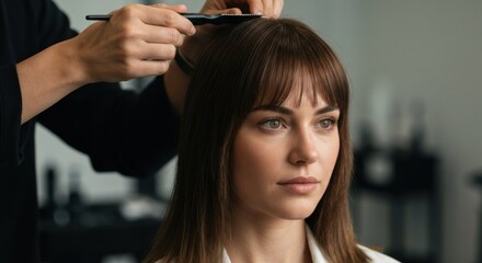 Naklejka premium A person's hair being styled with a comb. Focus on the face with a neutral expression