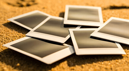Blank instant photo frames scattered on golden beach sand during sunset for summer memory mockup and travel nostalgia concept