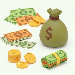Money Bag with Coins and Cash in Green and Orange Colors on Light Background