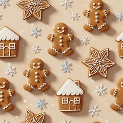 Christmas Gingerbread Cookies Decorated with White Icing and Snowflake Sprinkles on Light Beige Background