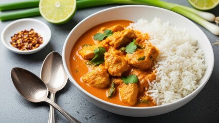 Flavorful indian chicken curry served with fluffy white rice and fresh lime