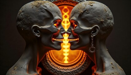 Artistic clay skull sculptures facing each other with glowing eyes, mystical ambiance 
