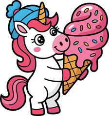 Obraz premium Playful unicorn enjoying ice cream on white background