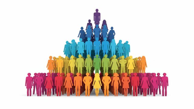 Colorful People Pyramid - A group of stylized 3D people are arranged in a pyramid shape against a white background.