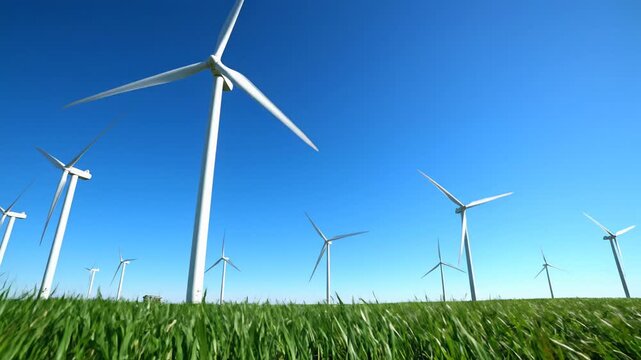 Dynamic low-angle shot of multiple towering white wind turbines spinning rapidly in a vast green field against a deep, clear blue summer sky, symbolizing sustainable energy generation.