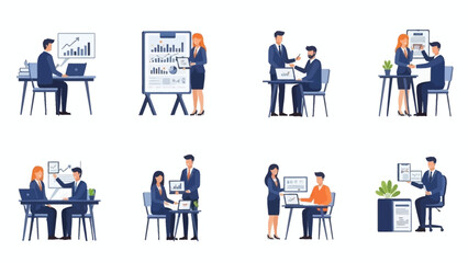 Fototapeta premium Business professionals collaborating at office workstations with digital devices and presentation boards in a modern workspace environment from various viewpoints Whisk