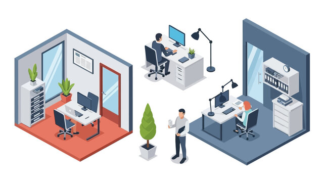 Isometric illustration of modern office spaces with professionals working at desks and a person standing in the foreground