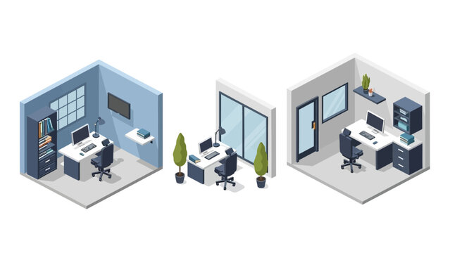 Isometric view of modern office spaces with desks, computers, and plants in various rooms and layouts.