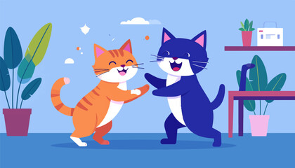 Obraz premium Two cheerful cartoon cats, one orange tabby and one blue, joyfully play together indoors