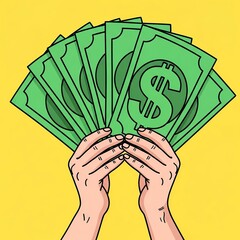 Hands Holding Green Dollar Bills Fanned Out Bright Yellow Background