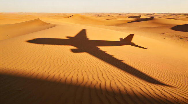 Shadow of airplane flying over golden desert sand dunes, aerial view of plane silhouette on textured Sahara landscape representing travel and adventure