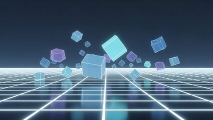 Abstract glowing cubes floating over digital grid, futuristic cyberspace background