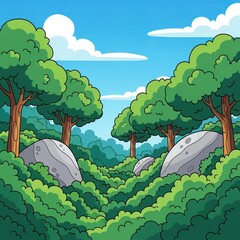 Colorful Cartoon Forest Scene with Green Trees Rocks and Blue Sky for Kids or Educational Material