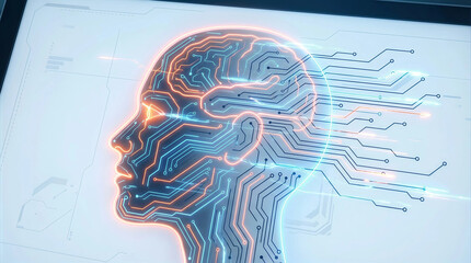 A digital rendering of a human head made of glowing circuit lines on a screen, symbolizing AI and neural networks