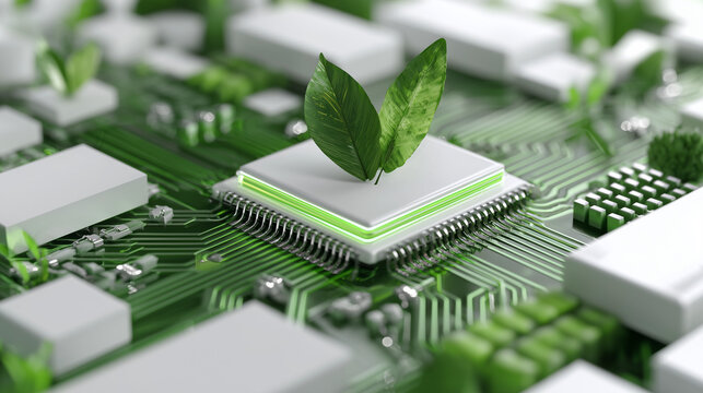 3D rendering of a green leaves growing from a computer processor on a circuit board, conceptual visualization of sustainable semiconductor technology and eco-friendly hardware innovation, high-tech el