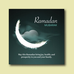 Ramadan Mubarak Greeting Card Design with Glowing Crescent Moon on Dark Teal Clouds Background.