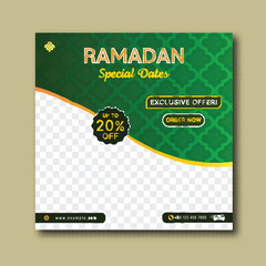 Ramadan Dates Sale Poster Design with Twenty Percent Discount Offer on Green Islamic Pattern Background and Image Placeholder.