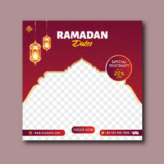 Ramadan Dates Sale Poster Design with Twenty Percent Discount Offer, Hanging Golden Lantern on Magenta Pink Islamic Pattern Background and Image Placeholder.