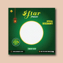 Ramadan Iftar Feast Sale Poster Template with Twenty Percent Discount Offer, Hanging Lantern on Green Islamic Pattern Background and Image Placeholder.
