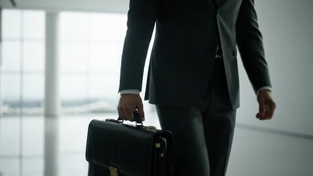 A suited man walks, carrying a briefcase, in a modern, well-lit office